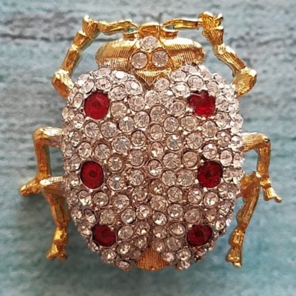 Vintage Rhinestone red white & gold Beetle Bug brooch pin - Picture 2 of 5